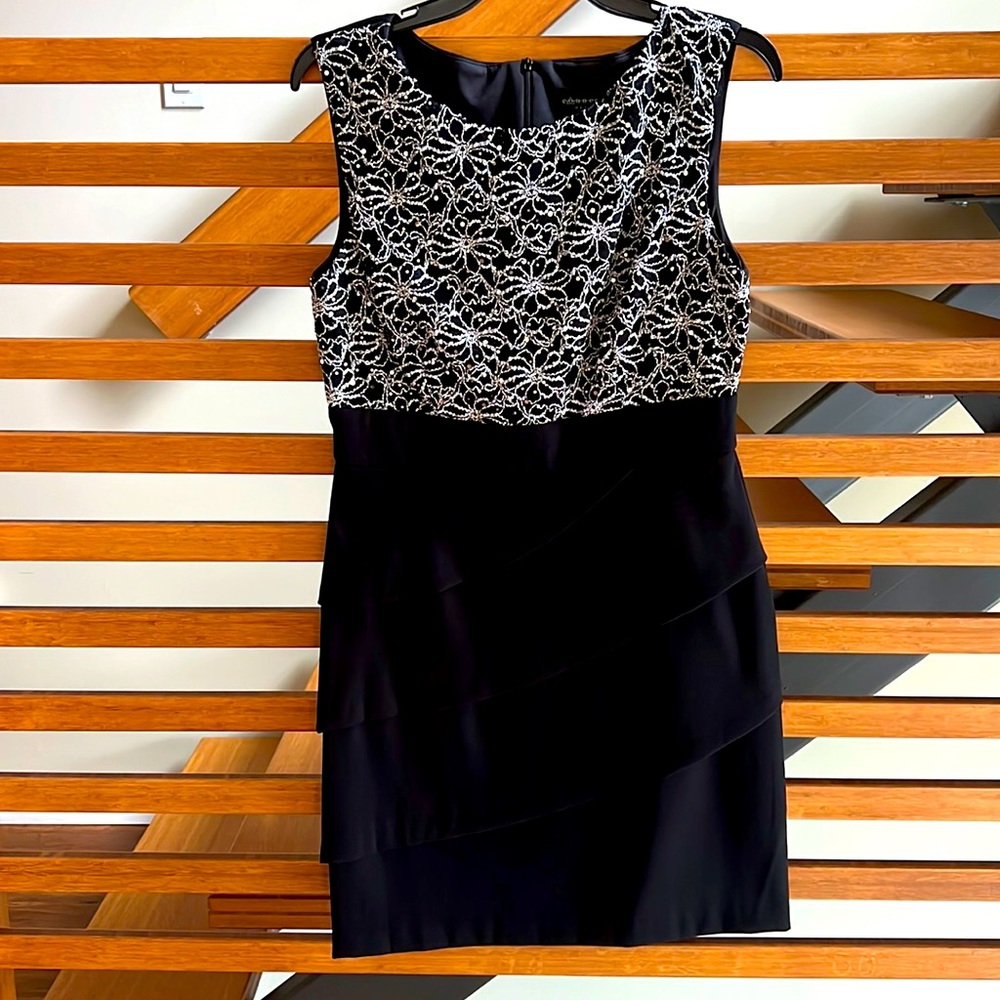 Connected Apparel size 10P black evening dress with sequin embellished top